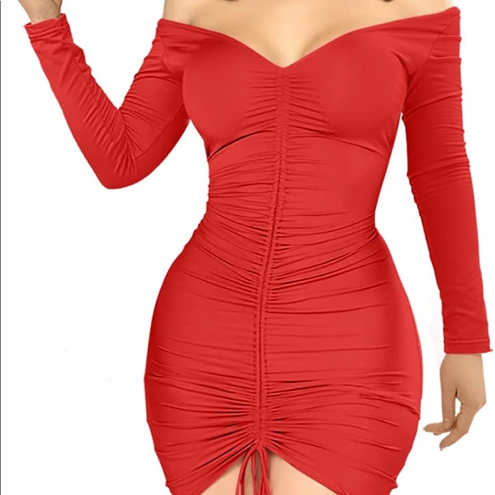 XXTAXN Women's Sexy Elegant Long Sleeve Off The Shoulder Ruched Mini Dress